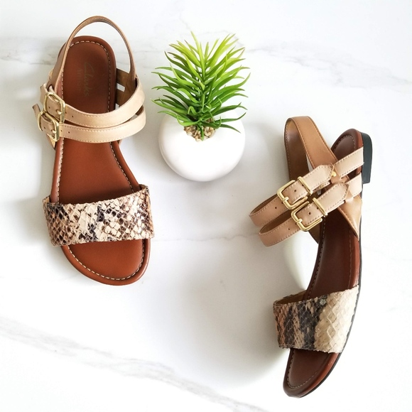 Clarks Shoes - Clarks Tan Leather Snake Print Flat Buckle Sandals